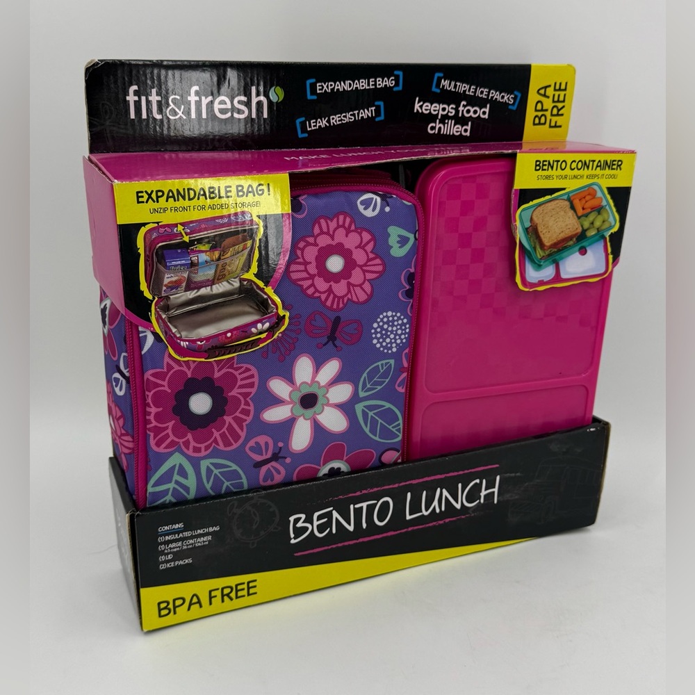 Bento Lunch Box Pink Flowers and Butterflies with Container and 2 Ice Packs NIP
